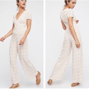 Free People Women's Ivory Peach Print Mia Jumpsuit, Size 6